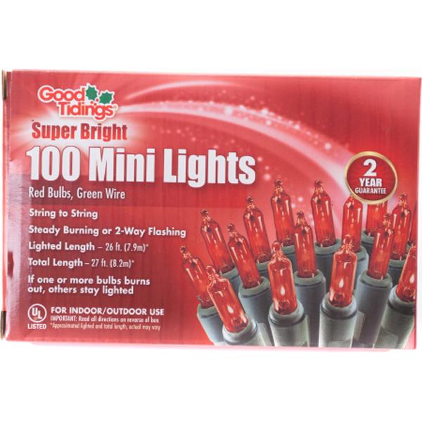 Mini Light String Green Wire 100 Lights - Red