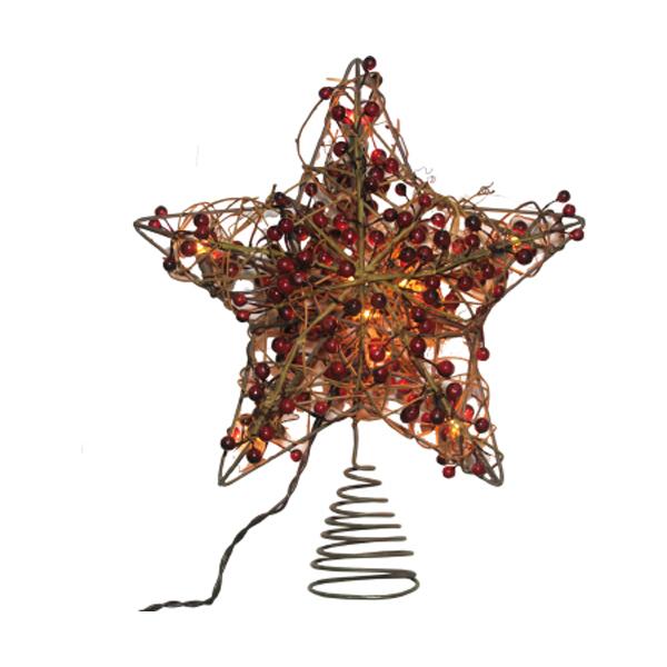 Tree Topper Rattan 5Pt Star 10 Lights Red Berry