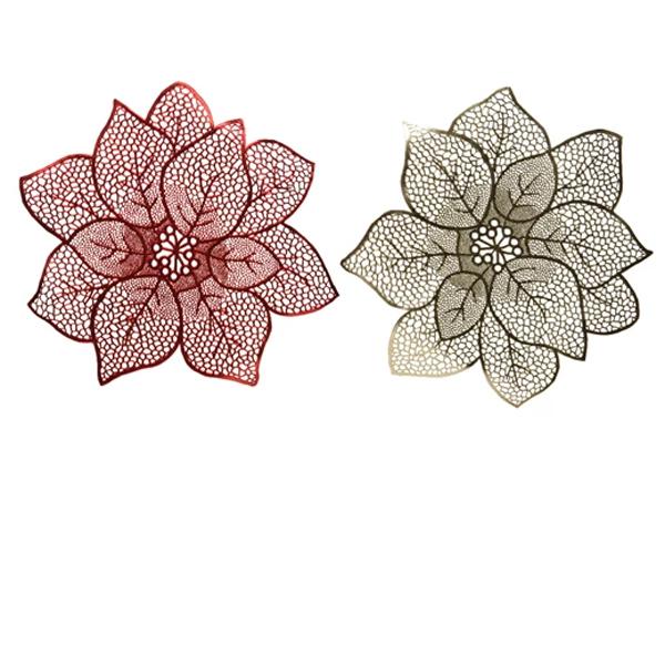 Placemat Leather Poinsettia Red Gold 