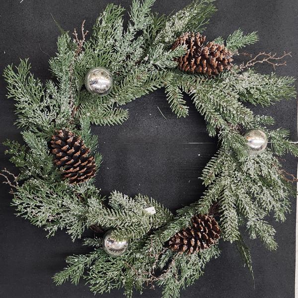 Frosted Pinecone Silver Baubles Wreath