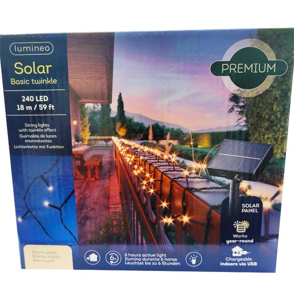 LED Solar Twinkle 8 Function, 240 Warm White, I/O, 59 ft