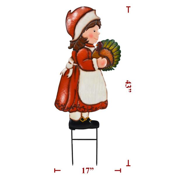 Metal Stake Pilgrim Girl with Turkey