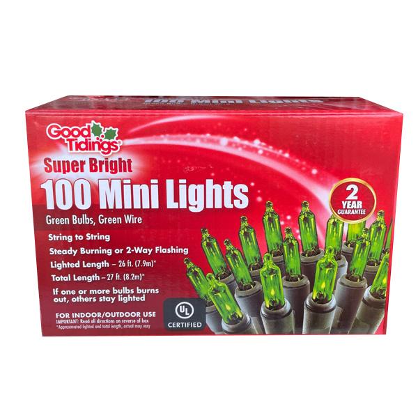 Super Bright 100 Mini Lights - Green Bulbs, Green Wire